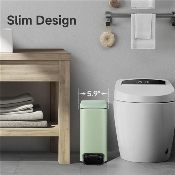 Green Slim Bathroom Trash Can with Lid Pedal Small Garbage Bin with Bucket - Picture 2 of 7